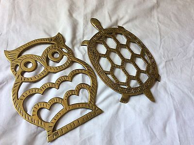 Vintage Solid Brass Owl Turtle Animal Trivets hotplate Cottagecore Wall Hang 10”
