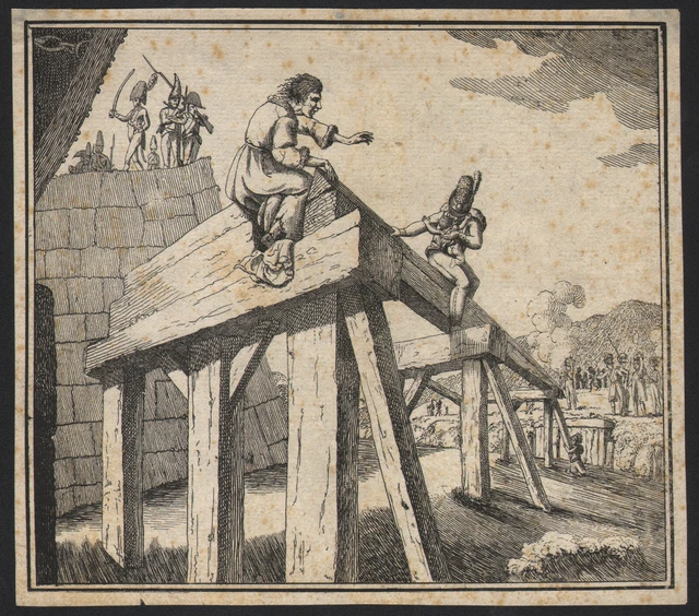 1800 Gravure à l'eau-forte Soldats pont sauvetage sur la rivière