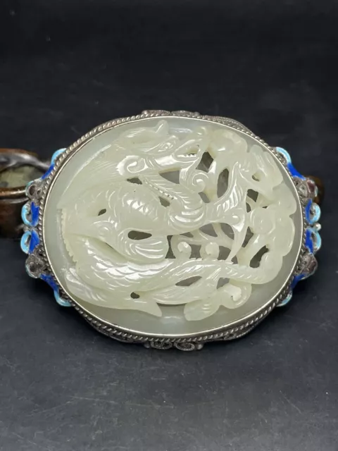 Chinese Exquisite Handmade Dragon carving Silver Inlaid Hetian Jade Belt Buckle