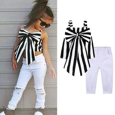 2PCS Kids Baby Girls T-shirt Pants Outfit Sets Summer Bow Tops Trousers Clothes