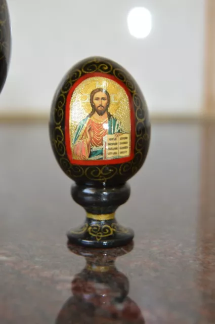 4 Rare Russian Orthodox Wood icon Egg Stan Virgin Mary Christ  Hand-Painted 3
