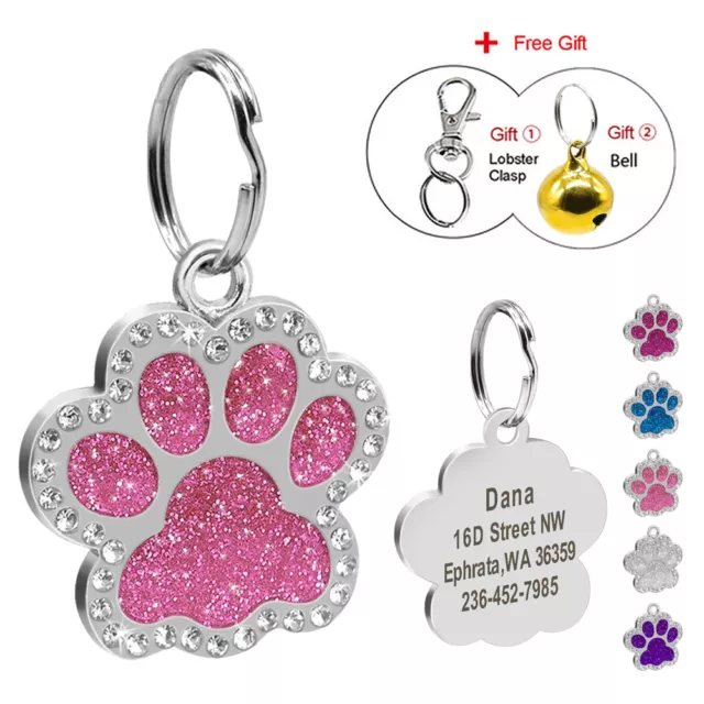 Laser Glitter Paw Custom Engraved Pet ID Tag Bling Personalized Dog Cat Tags