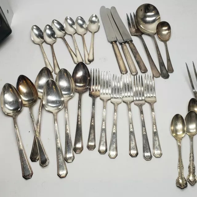 Antique WW rogers & son Silver Plated Flatware, Two Sterling Silver Spoons