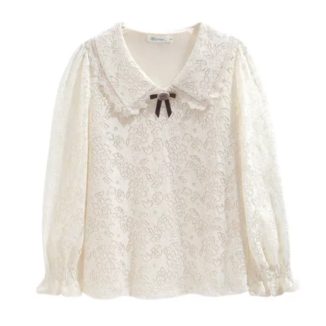 Donna Pizzo Camicia Floreale Lolita Puff Maniche Balza Volant Rétro con Fiocco