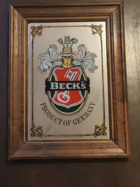 VINTAGE BECK'S GERMAN IMPORTED BEER BAR MIRROR wood framed sign rare small crack