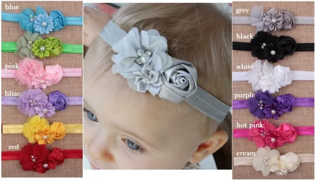 Baby Infant Toddler Girls Triplet Flower Headband w/Diamante Pearl Accent 0-18m