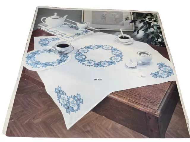 Vtg Princesse LES BLUETS Embroidery Kit Set Tablecloth, Centrepiece & Tray Cloth