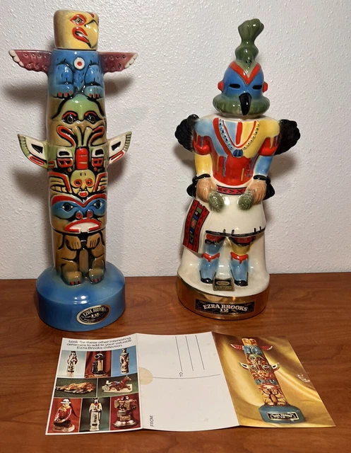 2 Ezra Brooks Hopi Kachina Humming Bird & Totem Pole I Whiskey Decanter Empty