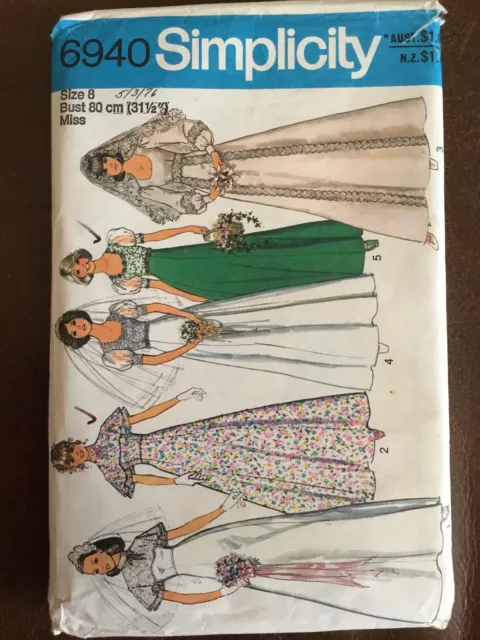 Simplicity Sewing Pattern 6940 Vintage 70s Wedding and Formal Dress Size 8 Cut