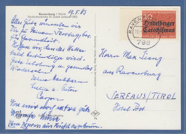 Bund 1963 Katechismus Mi.-Nr. 396 EF auf Ausl.-Postkarte  v. Ravensburg n. Tirol