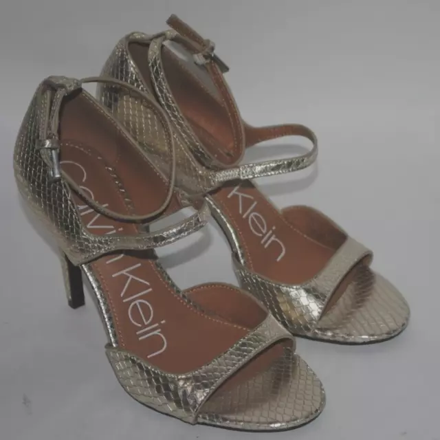 Calvin Klein Women Shoes Gold Snake Leather Open toe Ankle Strap High Heels 5.5