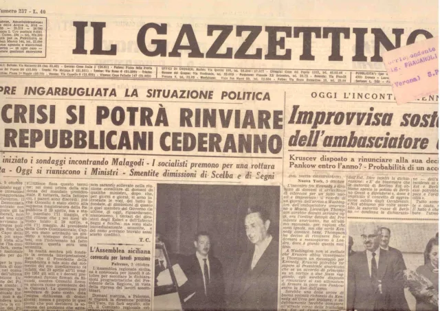 I2  Il Gazzettino N. 237 Anno 75 Del 6/10/1961 Incontro Kennedy Gromiko