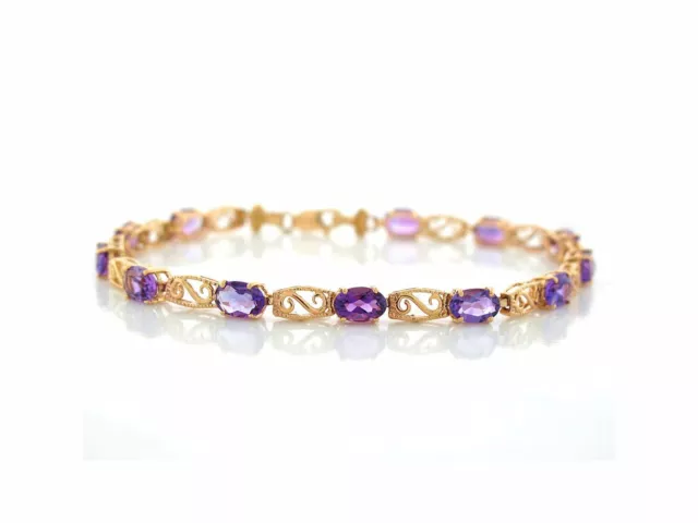 10k or 14k Yellow Gold Natural Amethyst Swirling Filigree Design Ladies Bracelet