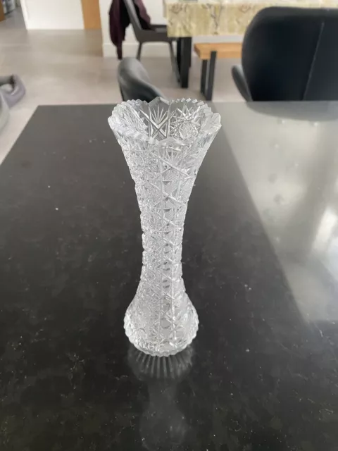 Bohemian Czech 24% Lead Crystal Flower Vase Hand Cut Queens Lace 9” (23cm) Tall 3