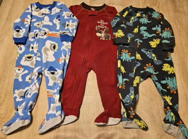 Lot Of 3 Fleece Footed Pajamas Pjs Boys Size 12 Months Carters Bears Dinosaurs