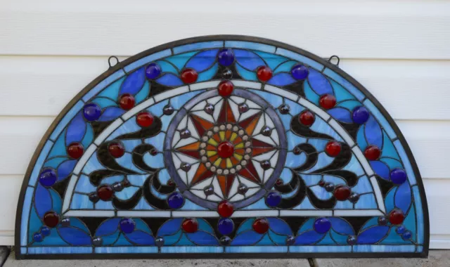 34"L x 18"H Half Round Handcrafted stained glass window Jeweled Glass panel