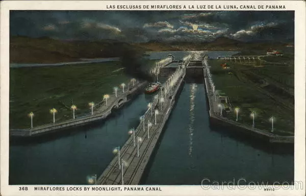 Panama Miraflores Locks by Moonlight I.L. Maduro Jr. Antique Postcard Vintage