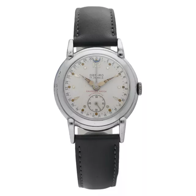 Vintage Den-Ro 17 Jewels 32mm Steel Calendar Leather Manual Wind Men's Watch