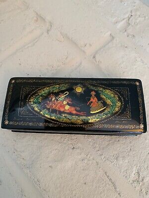 Russian Horses Princess Hand Painted Black Laquer Signed Trinket Box