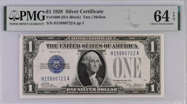 Series 1928 $1 Silver Certificate PMG 64EPQ Choice Uncirculated Fr1600 Funnyback
