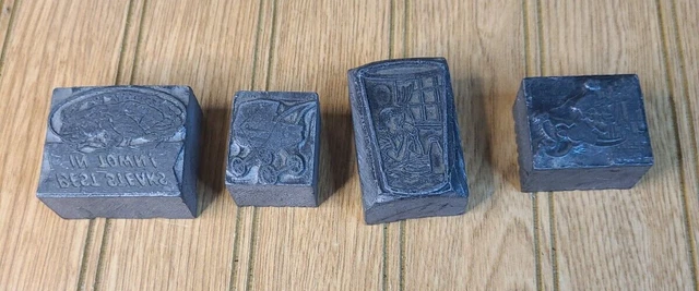 4 Letterpress Printer Type Block Antique Stroller/Drinking Glass/Painter & Steak