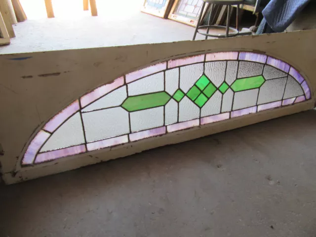 ~ ANTIQUE STAINED GLASS TRANSOM WINDOW ~ 64.25 x 18 ~ ARCHITECTURAL SALVAGE