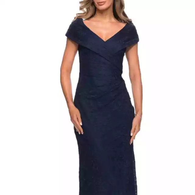 NWOT LA FEMME Portrait Neck Lace Gown, Navy, Size 6 3