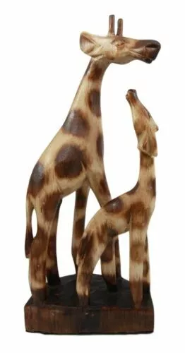 Balikraft Balinese Wood Handicraft Solo Mother Giraffe With Calf Family Figurine