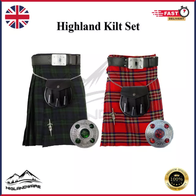 6 Pcs Scottish Highland Kilt Outfit, Men's Kilt, Sporran, Belt, Brooch, Buckle