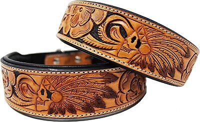 Leather Padded Dog Collar Heavy Duty Floral Tooled Handmade