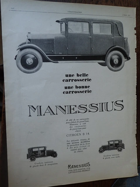 MANESSIUS carrosserie + ELECTRO LUX par Thé ROGER pub papier ILLUSTRATION 1927