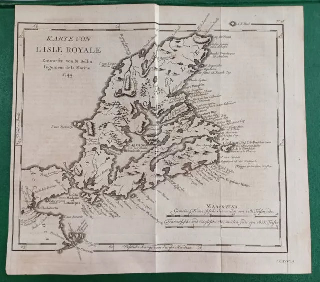 Rare 1744 Copper Engraving Map L’Isle Royal Cape Breton Island Canada by Bellin