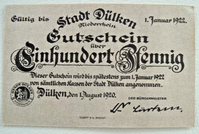 Notgeld Stadt Dülken (Rhl/NW) Gutschein 100 Pfennig 1920 - 1922 Germany (2256)