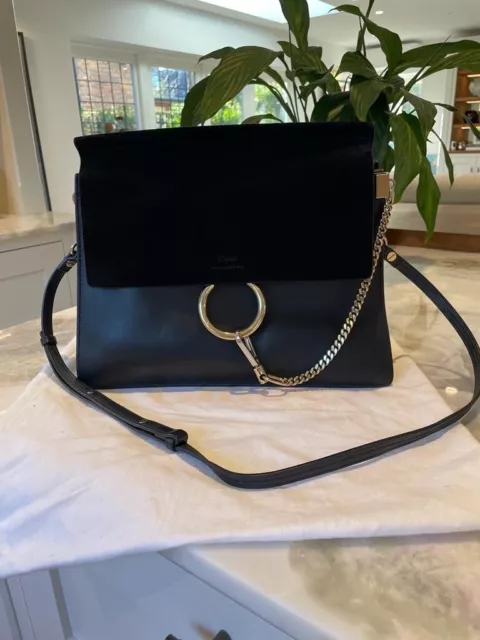 Chloe Faye Shoulder Bag Medium Black Suede & Leather - 100% Authentic