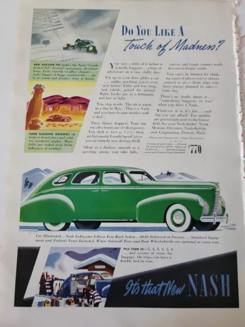 1938 green Nash LaFayette 4 door fast back sedan car vintage ad