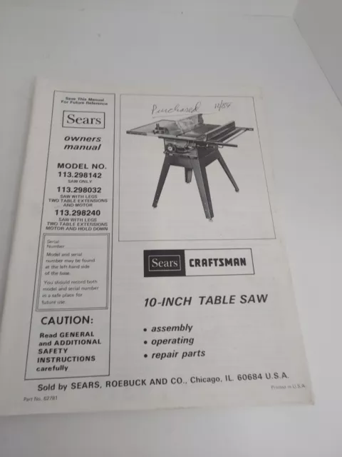 Sears Craftsman 10 inch Table Saw Instruction manual Model 113.298142