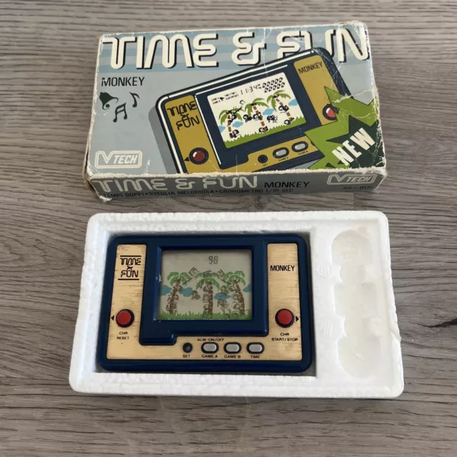 Vintage 1981 V-Tech Time & Fun Console Game And Watch Monkey With Box Working