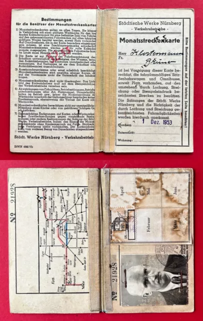 alte Fahrkarte Monatsstreckenkarte Verkehrsbetriebe Nürnberg 1953 ( F21462