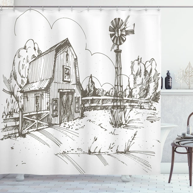Windmill Shower Curtain Rustic Farmhouse Barn Print for Bathroom