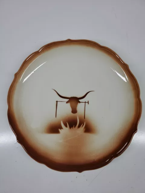 VTG Syracuse China Econo-Rim Plate 11" Airbrush Steer Head Western Ranch Adobe
