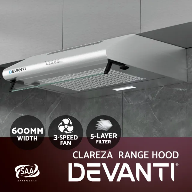 Devanti 600mm Range Hood 60cm Rangehood Kitchen Canopy LED Light Stainless Steel