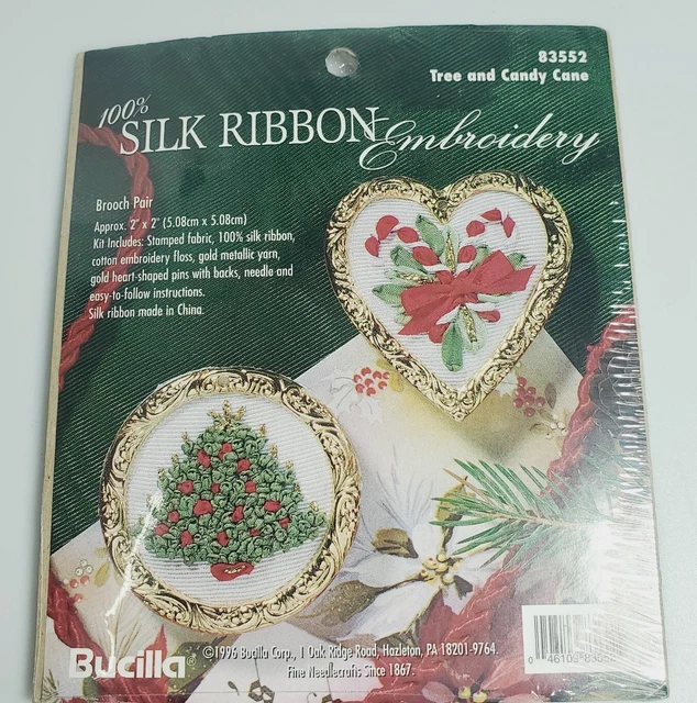 Kit de broche bordado cinta 100 % seda Bucilla árbol y caña de caramelo 83552 de colección