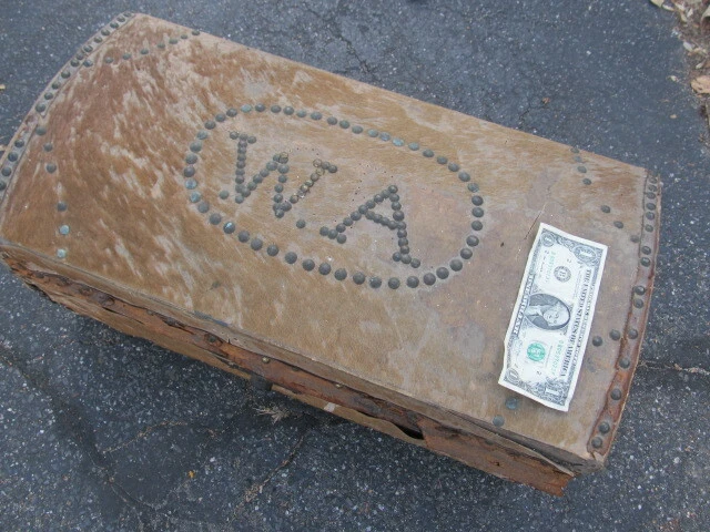 RARE Early American Vermont ID'D Deerskin Trunk, Brass Tacks, Iron Hardware 1800