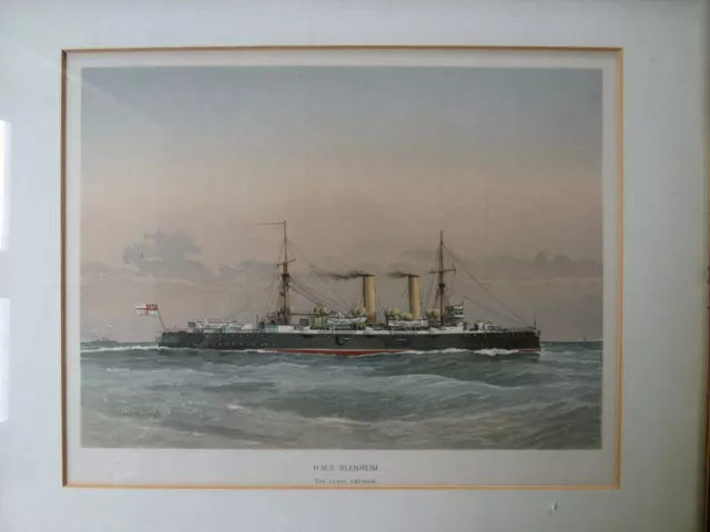 Antique Maritime W Fred Mitchell HMS Blenheim Coloured Lithograph Framed 2