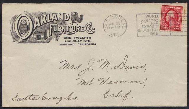 Us 1912 Oakland Ca Panama Pacific Expo Cancel On Advertising Cover To Santa Cruz