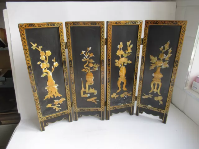 Vintage, Oriental Miniature Screen 4 Panels, Lacquer, Mother Of Pearl?