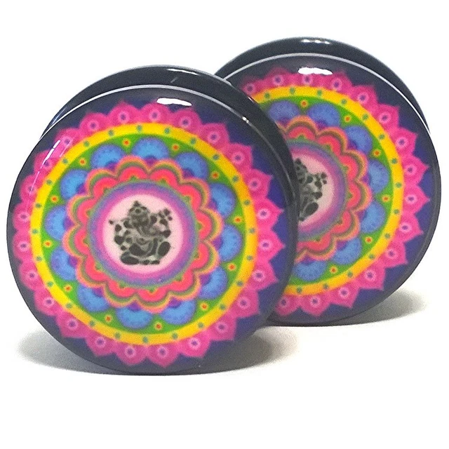 Pair Acrylic Ear Plugs Screw Fit Gauges Flesh Tunnels Earrings - Ganesh Mandala