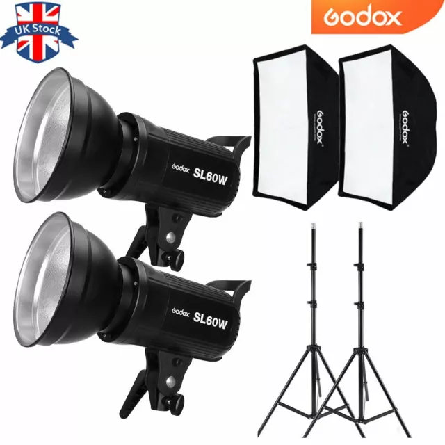 UK 2pcs Godox SL-60W 5600K LED Flash Video light Lamp With sofbox 2m light stand