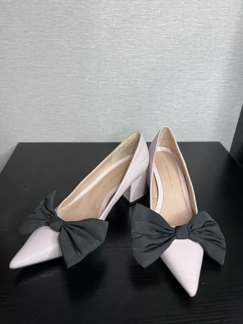 ZARA Slip on Shoes Pink with Black Bow Detail Block Heel Size EU39