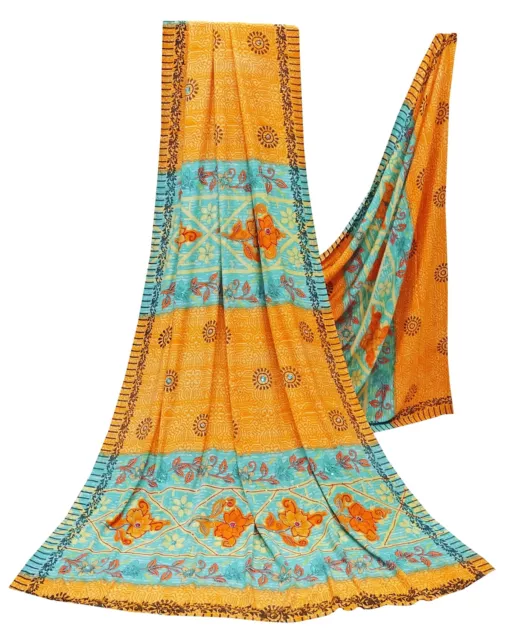 Jahrgang Gelb Sari Kreppseide Stoff Blumen Drucken Indisch 4.5 Yard Saree MSI511 3